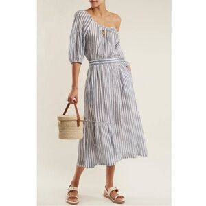 Apiece Apart Camellia One Shoulder Striped Cotton Dress in Light Blue & White